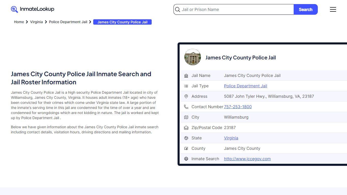 James City County Police Jail Inmate Search - Williamsburg Virginia ...
